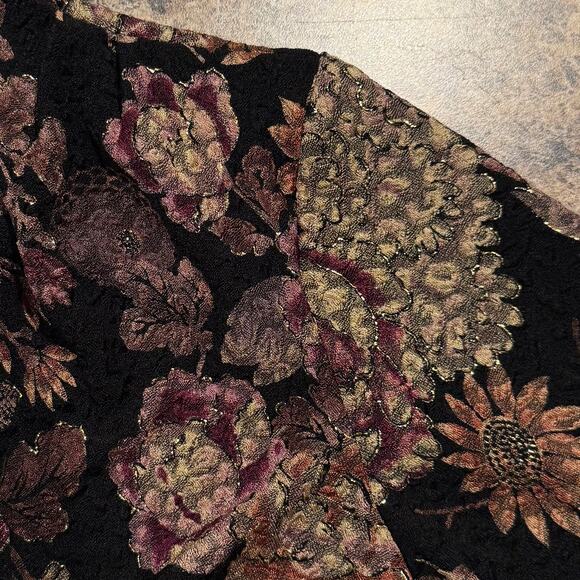 MSK Top 3/4 Sleeve Floral Cottage Romantic Earthy Cowl Neck Metallic Black 1X - Picture 5 of 8